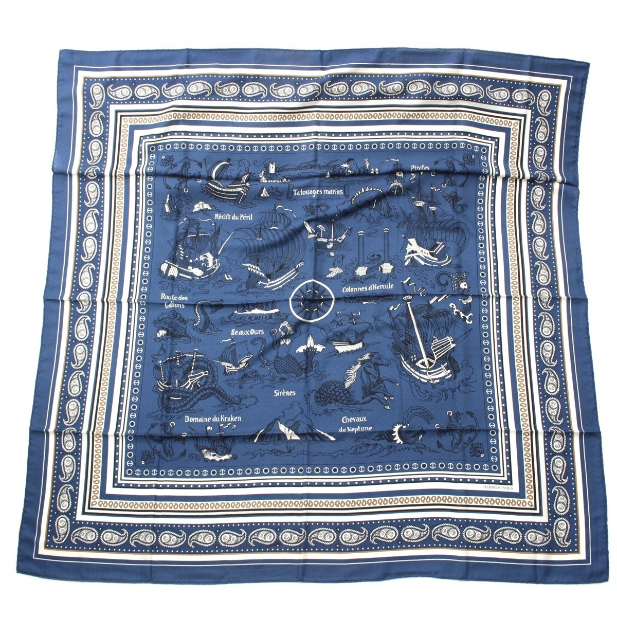 HERMES Caléjean 140 Tattoos Marins Bandana Sailor tattoos cashmere silk scarf bandana Marinclair White Multicolor