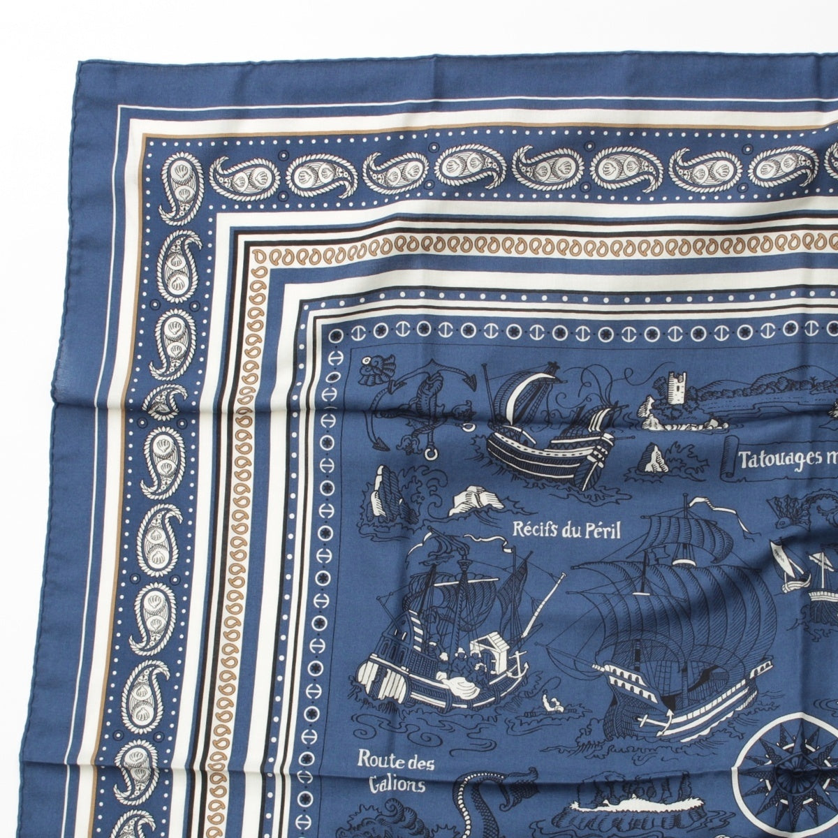 HERMES Caléjean 140 Tattoos Marins Bandana Sailor tattoos cashmere silk scarf bandana Marinclair White Multicolor