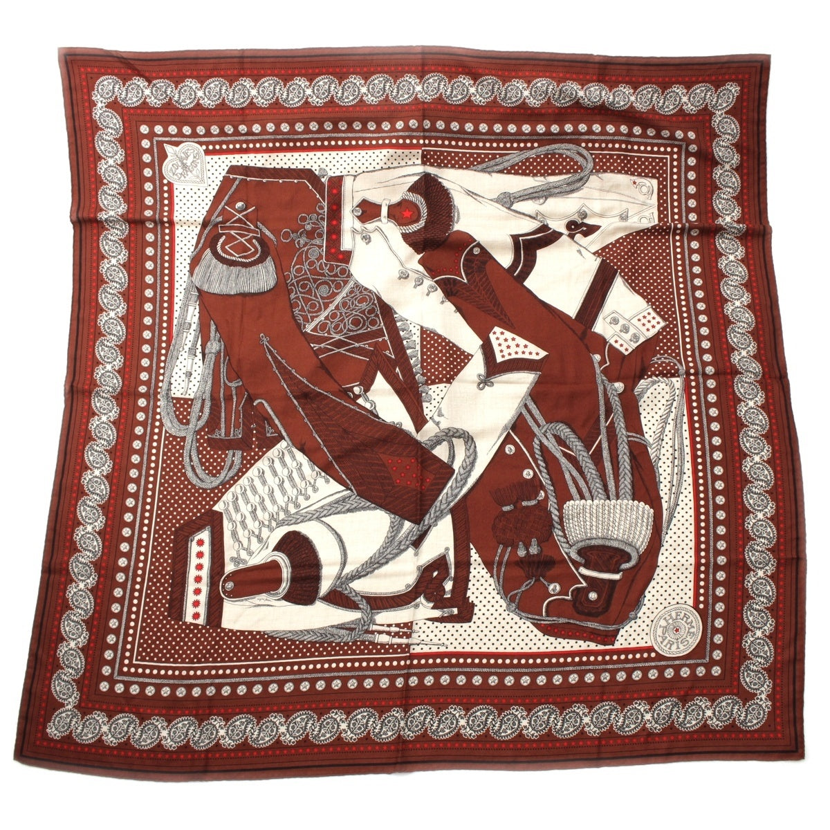 HERMES Caléjean 140 Zouaves et Dragons Zouave and Dragons cashmere silk scarf bandana Maroon Natural Red Multicolor