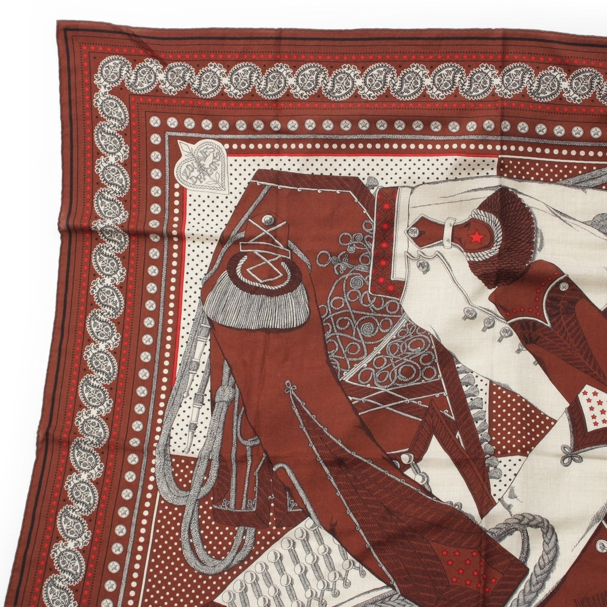 HERMES Caléjean 140 Zouaves et Dragons Zouave and Dragons cashmere silk scarf bandana Maroon Natural Red Multicolor