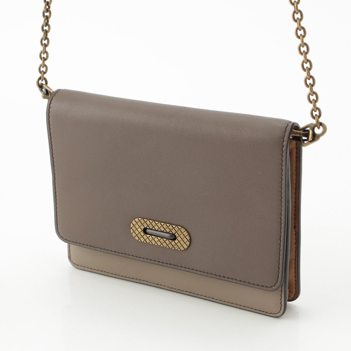 BOTTEGAVENETA leather Antique Metal Half Flap Chain Shoulder Bag Brown Greige