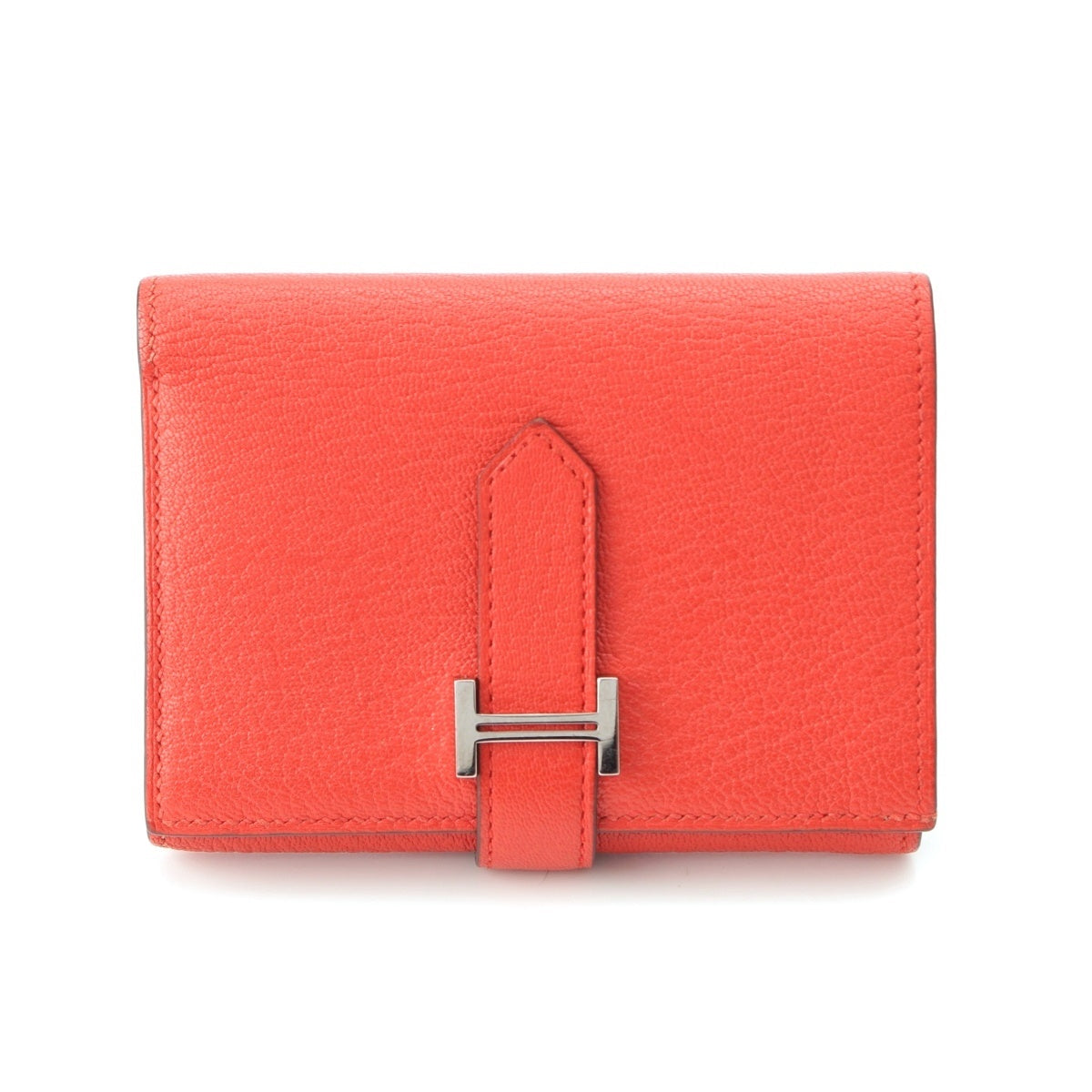 HERMES Bean combine Chevre Misol SilverMetal B stamp Tri-fold wallet Capucines Red