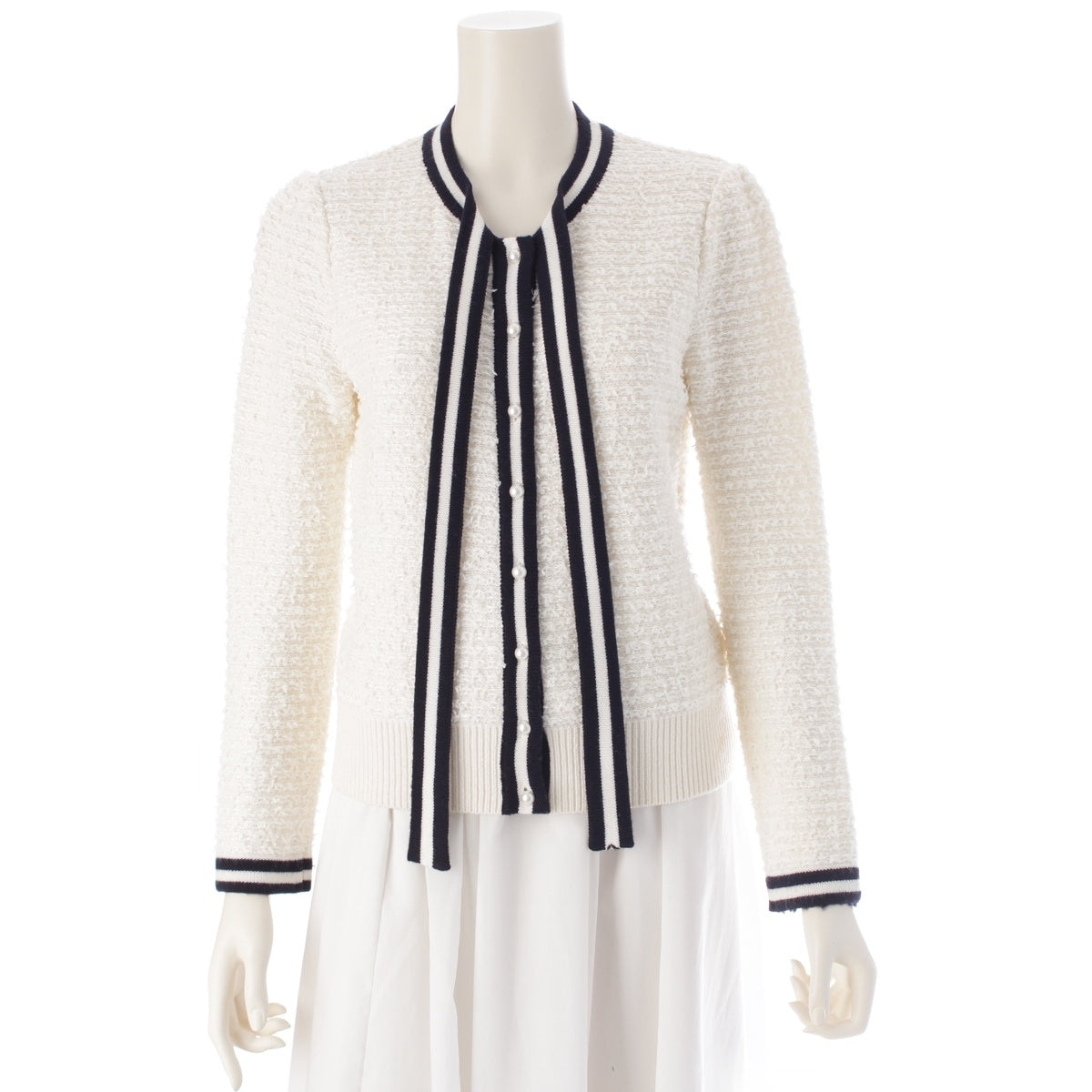 Rene Tweed, faux pearl, button down, ribbon tie cardigan 6142261 white 36