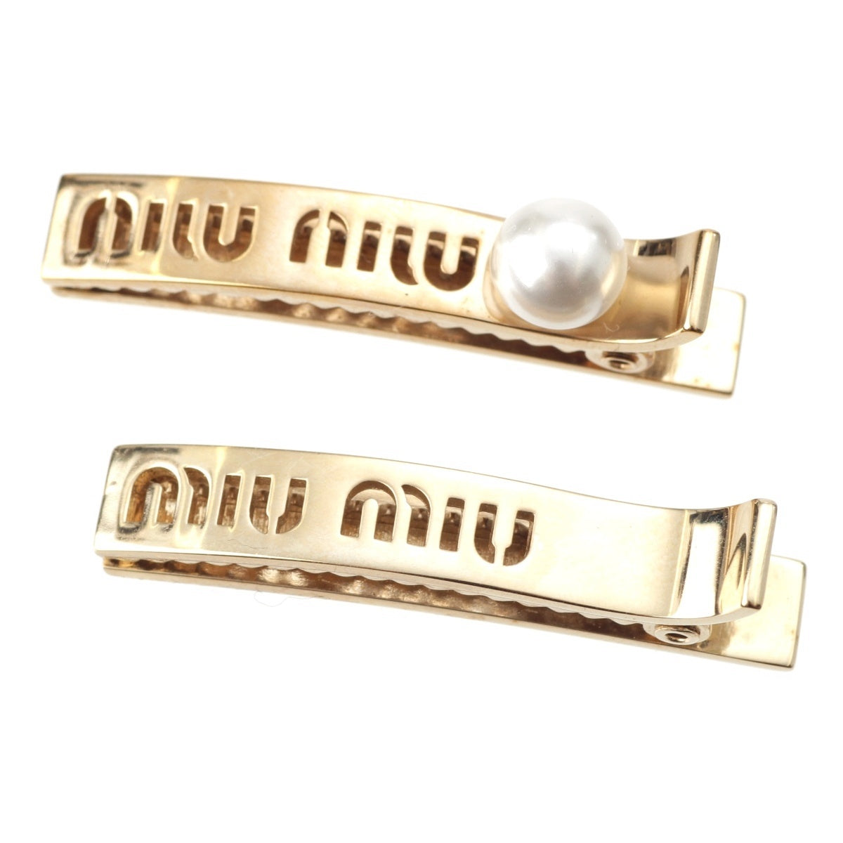 MIUMIU Pearl embossed logo clip hair accessory hairpin gold