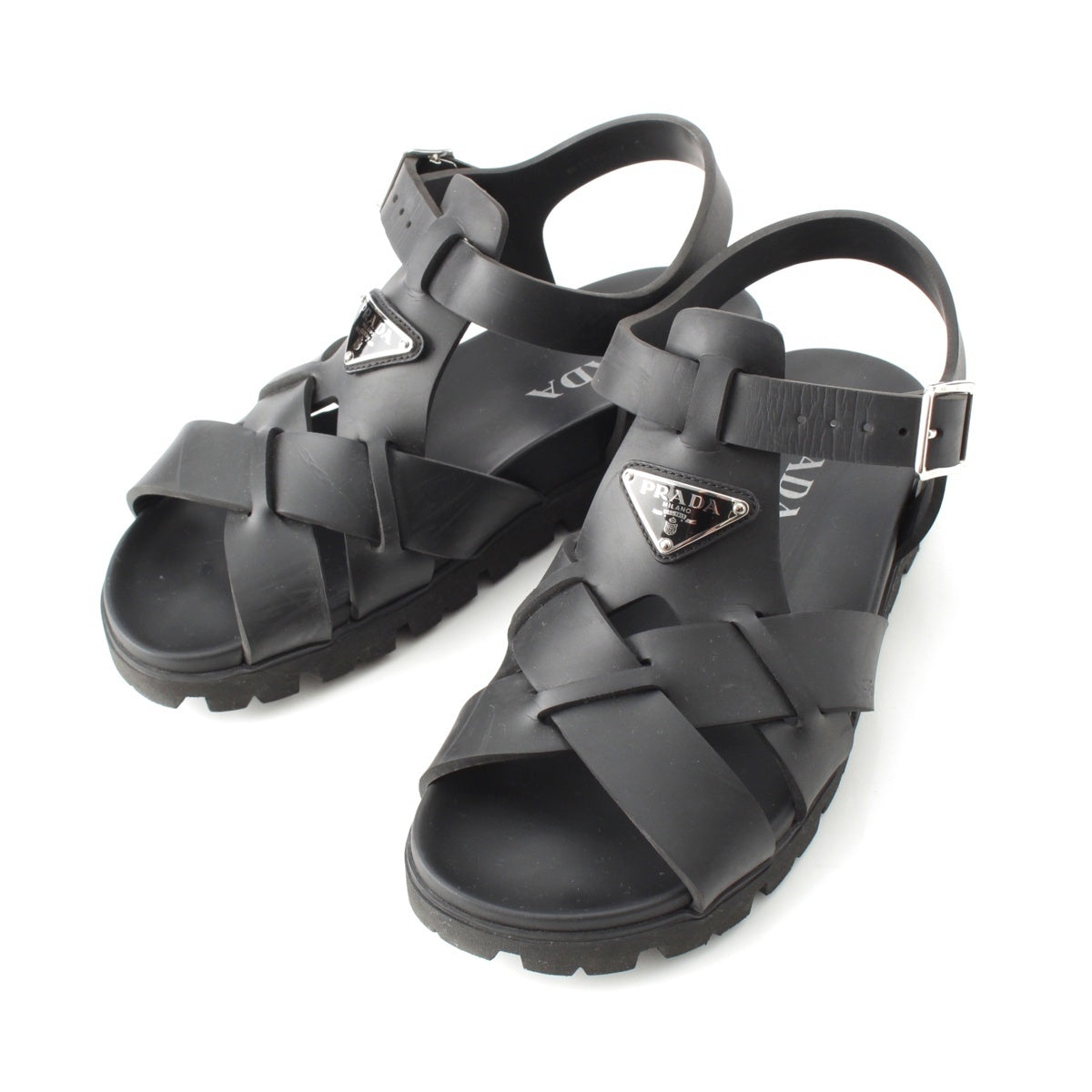PRADA rubber Triangle Cross Sandals shoes 2X3118 Black Silver 6