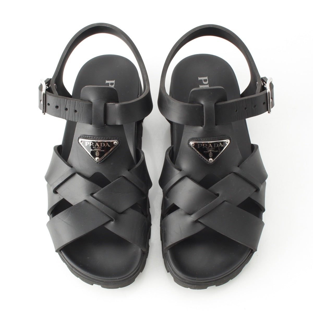 PRADA rubber Triangle Cross Sandals shoes 2X3118 Black Silver 6