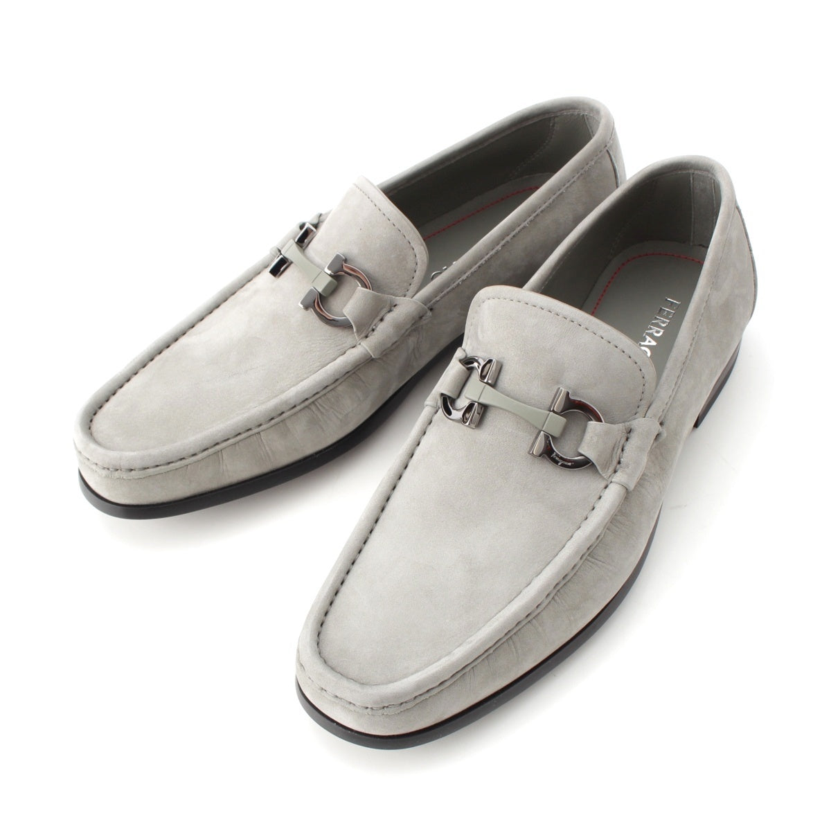 Salvatore Ferragamo Suede leather GRANDIOSO GanciniMetal 2bit loafers shoes Light gray 7 1/2 EE