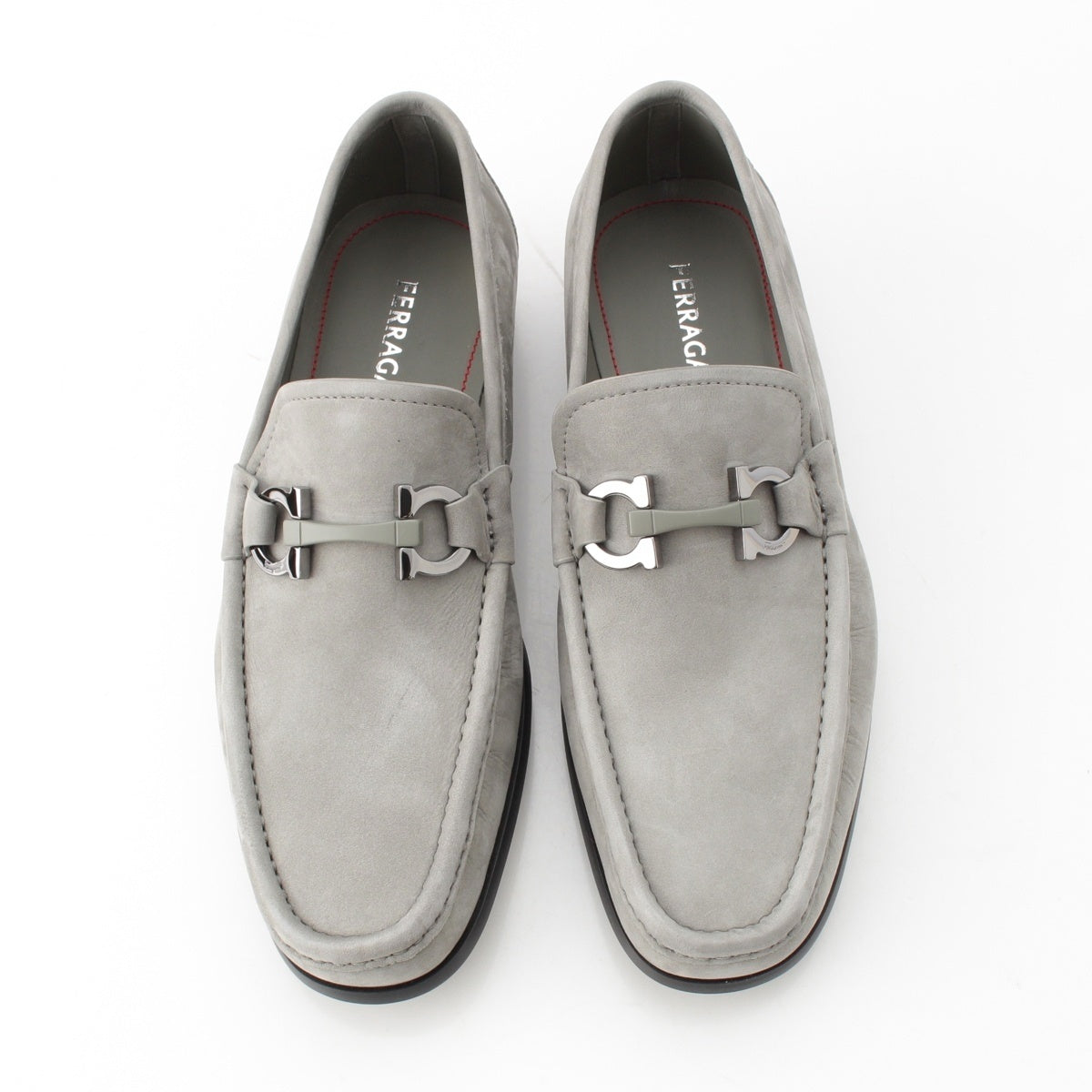 Salvatore Ferragamo Suede leather GRANDIOSO GanciniMetal 2bit loafers shoes Light gray 7 1/2 EE