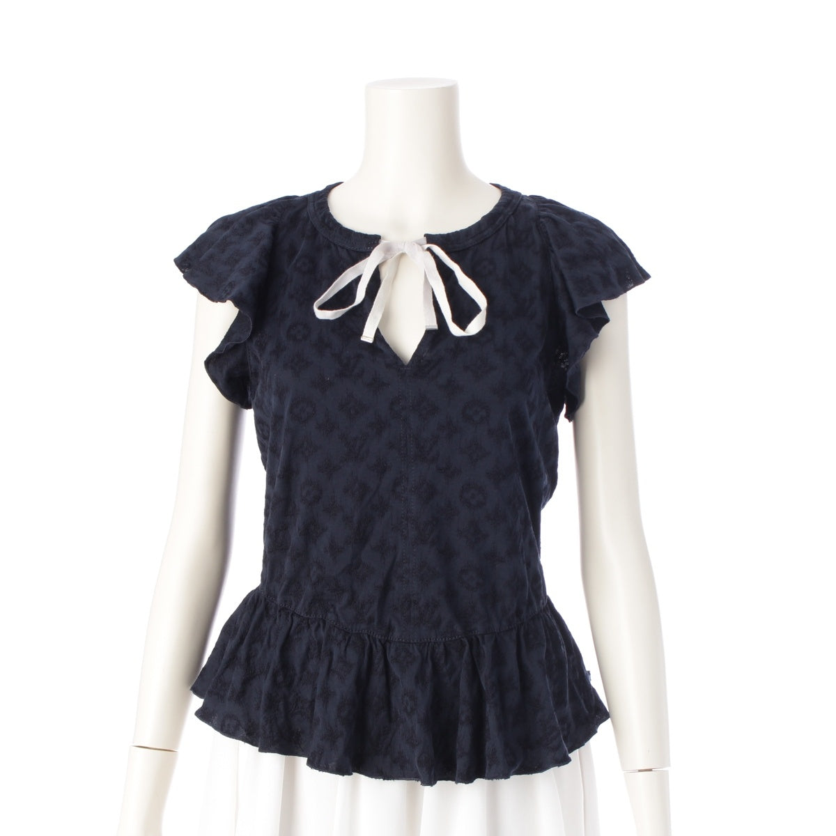 LOUIS VUITTON Monogram Frill Ribbon Short Sleeve blouse tops Navy S