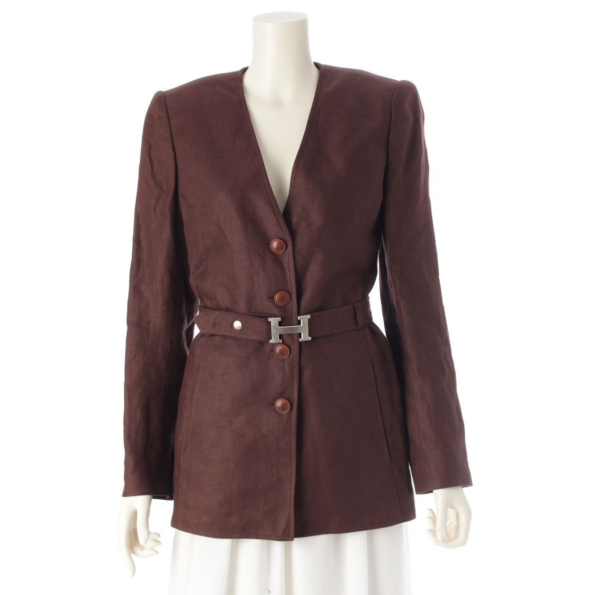 HERMES linen Vintage H-belt long No color jacket Brown 38