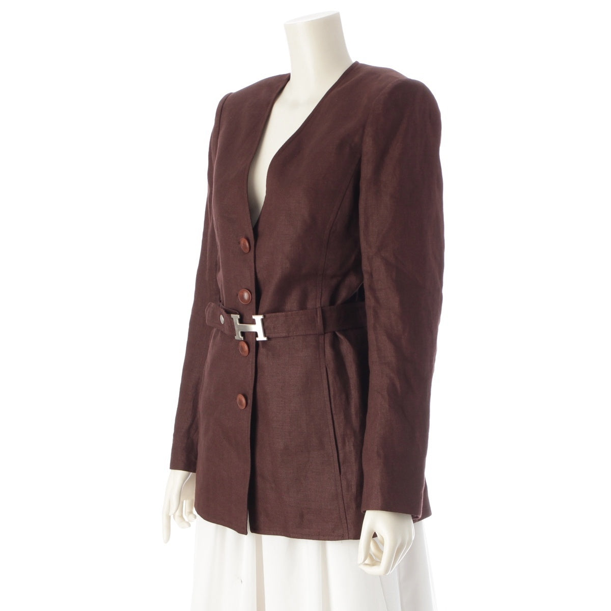 HERMES linen Vintage H-belt long No color jacket Brown 38