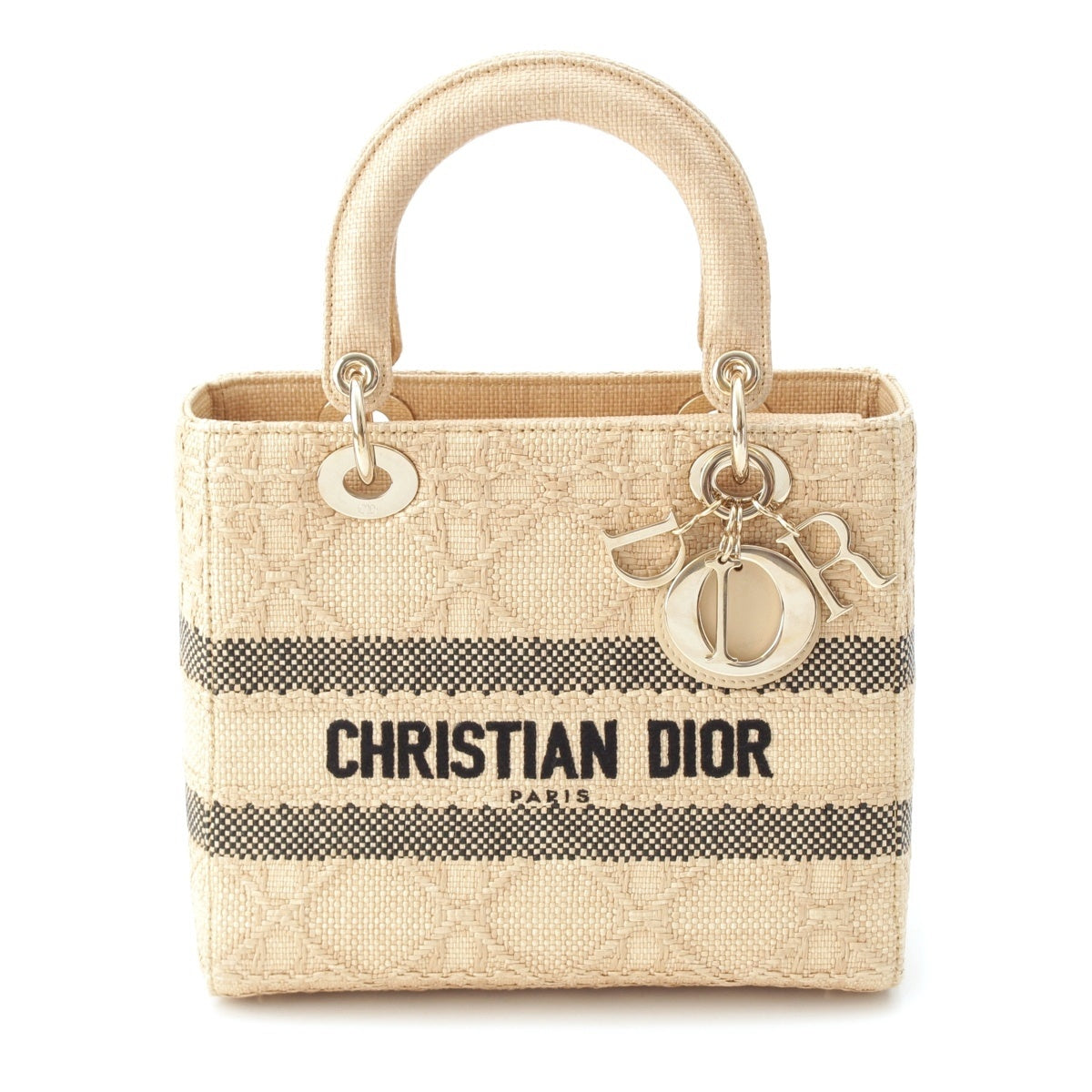 Christian Dior Lady Dior Canage Medium Raffia Logo 2way Shoulder Handbag M0565OSQD natural