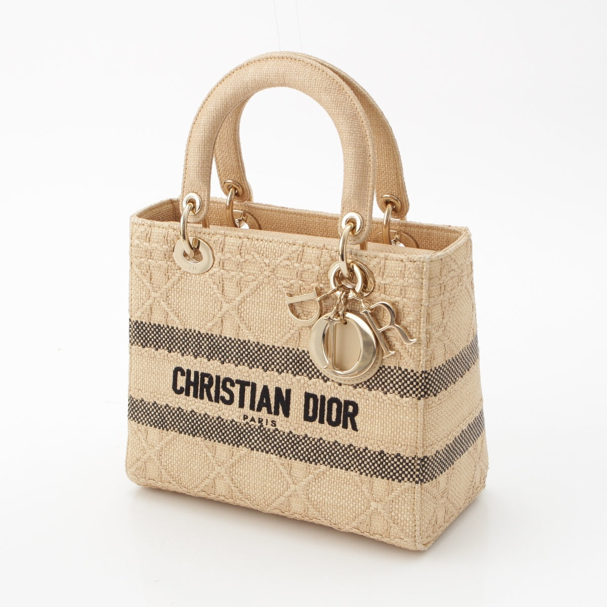 Christian Dior Lady Dior Canage Medium Raffia Logo 2way Shoulder Handbag M0565OSQD natural