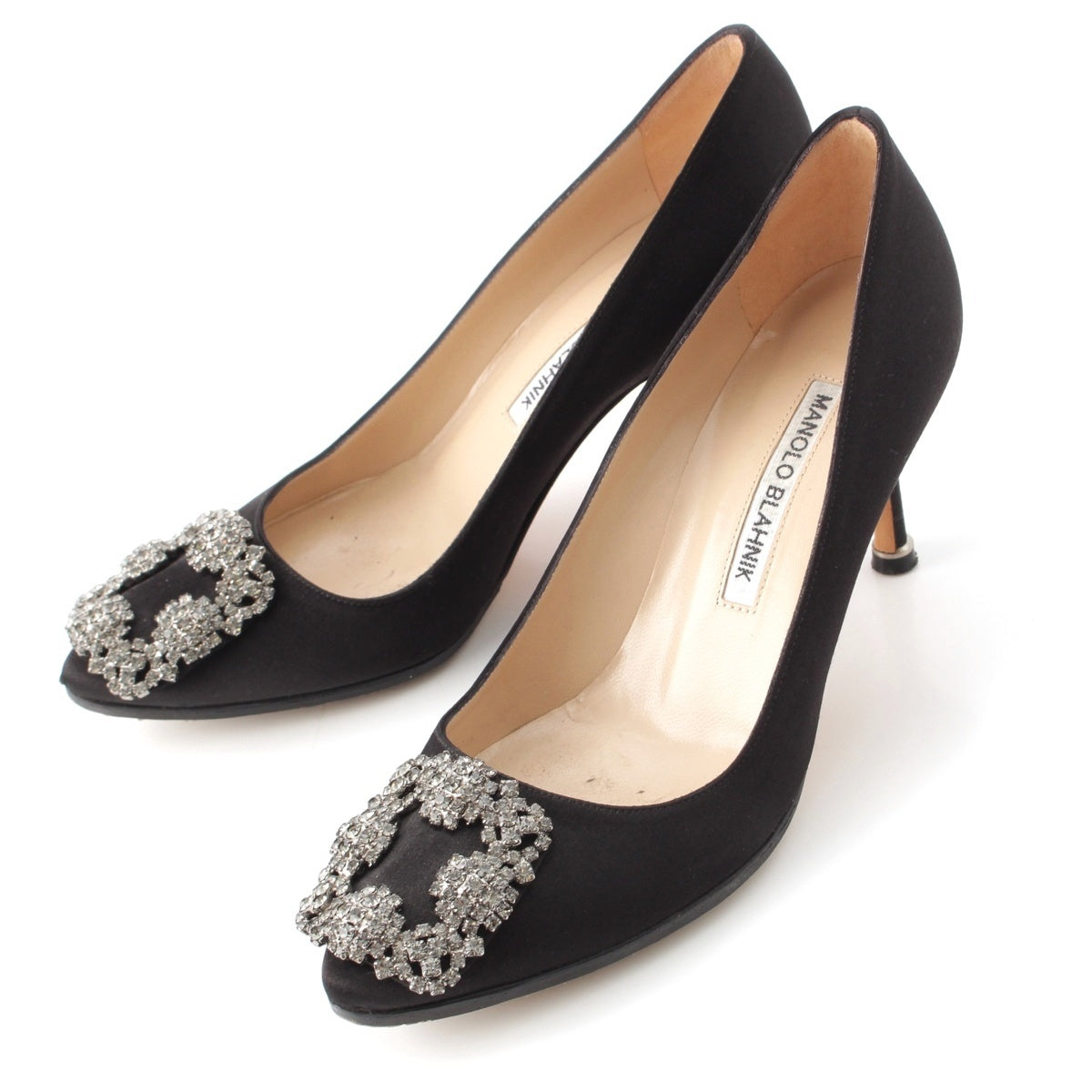 MANOLO BLAHNIK Satin Hangisi jewel buckle heels pumps black 35 1/2