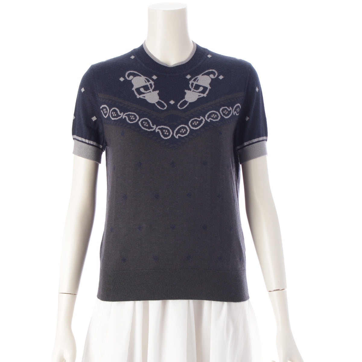 HERMES Cashmere x silk Court Horse Tack Short Sleeve Knit sweater tops 2H2622D8 Navy 40