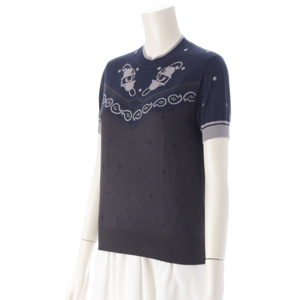 HERMES Cashmere x silk Court Horse Tack Short Sleeve Knit sweater tops 2H2622D8 Navy 40