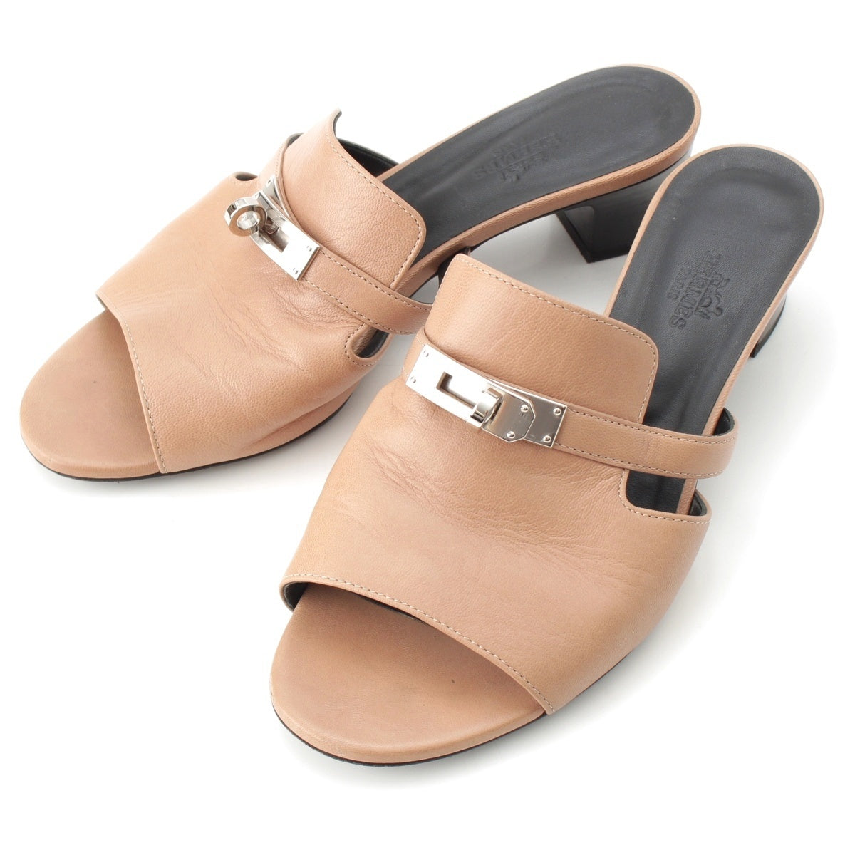 HERMES candy leather Kelly Metal Heeled Sandals Mule beige 37 1/2