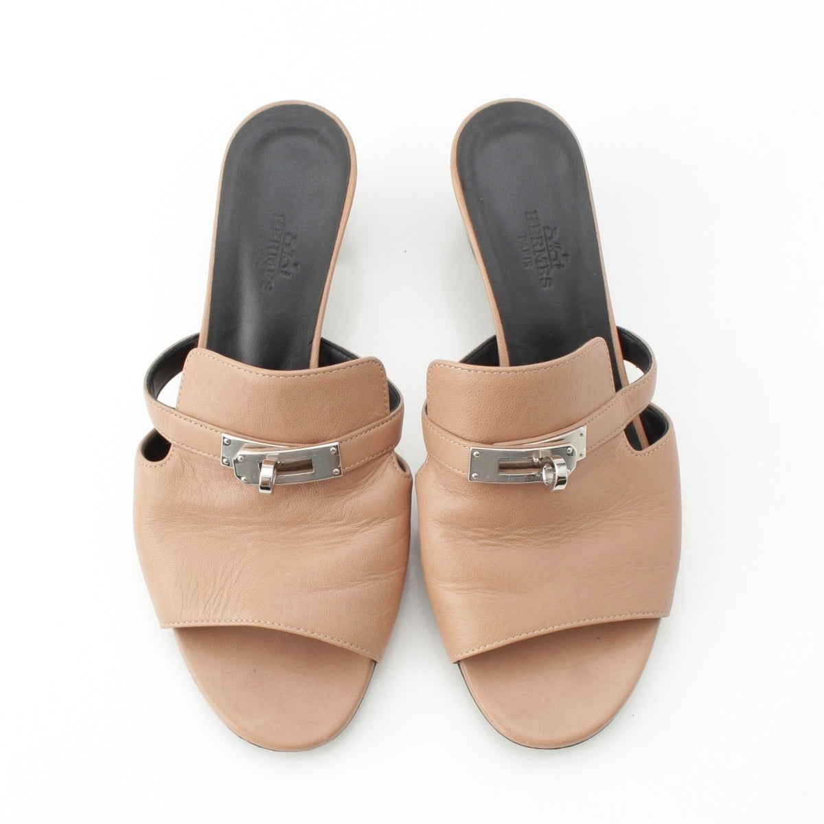 HERMES candy leather Kelly Metal Heeled Sandals Mule beige 37 1/2
