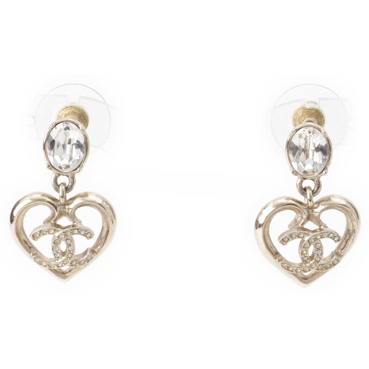 CHANEL 23C COCO Mark Heart Bijou Rhinestone Drop Pierce Accessories gold