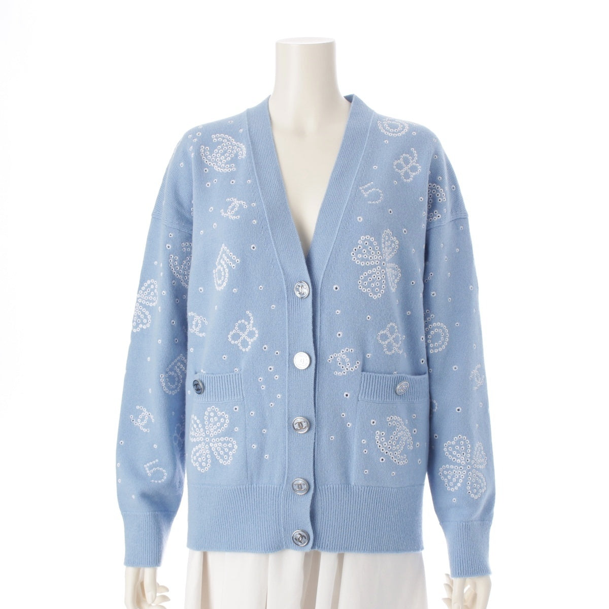 CHANEL cashmere COCO Button COCO Mark Clover Knit cardigan tops P74636 blue 34