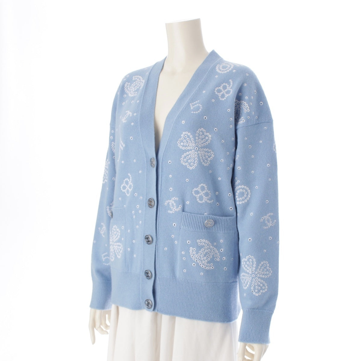 CHANEL cashmere COCO Button COCO Mark Clover Knit cardigan tops P74636 blue 34