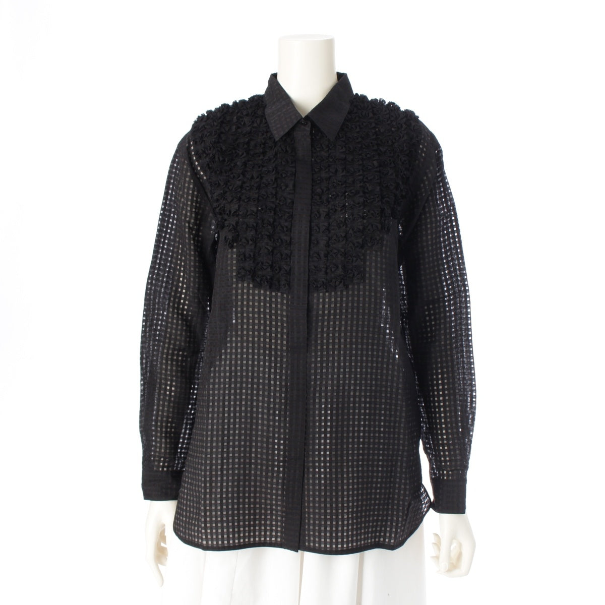 Drawer Front frill shirt, sheer check, long sleeve shirt blouse 6521-299-1203 black 36