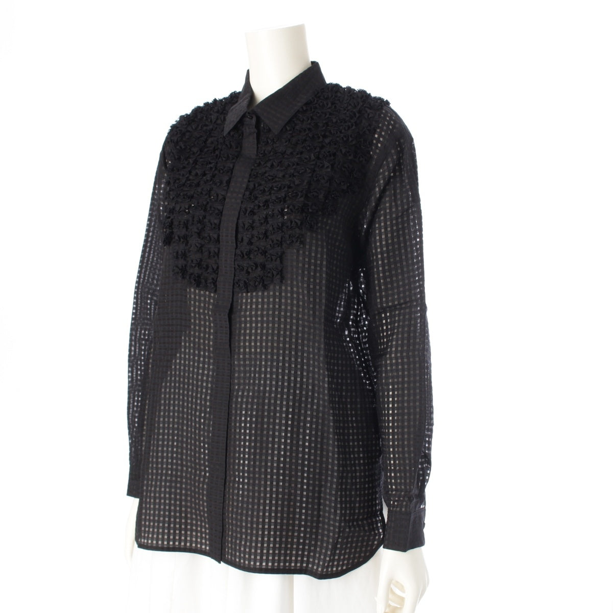 Drawer Front frill shirt, sheer check, long sleeve shirt blouse 6521-299-1203 black 36