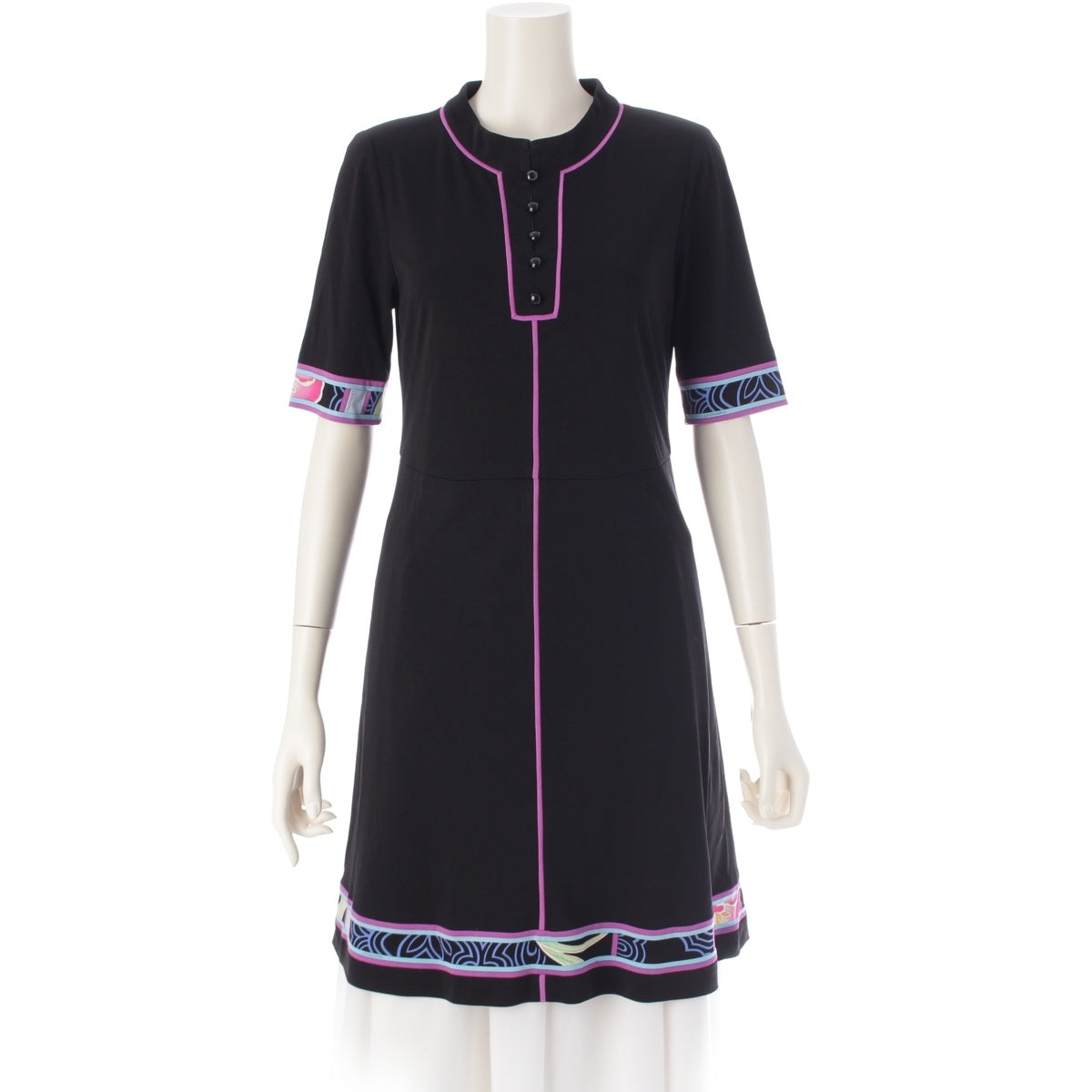 LEONARD Cancan material Button round neck half length tunic one piece Black x purple system 38