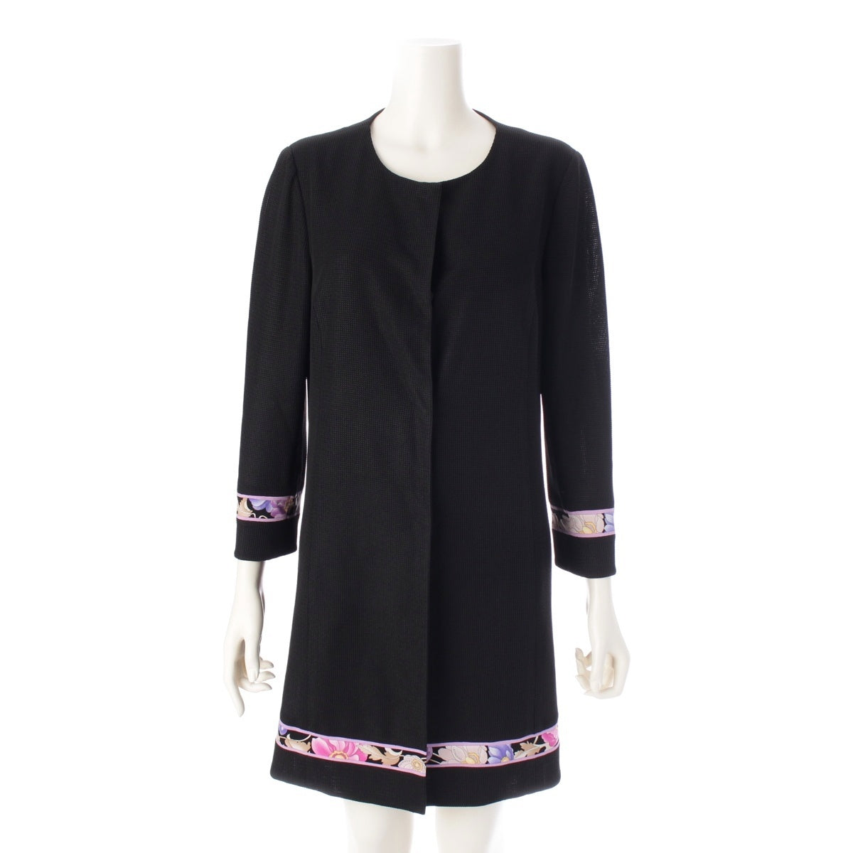 LEONARD Triacetate Floral print no-collar cardigan coat 0331355 Black x purple 38