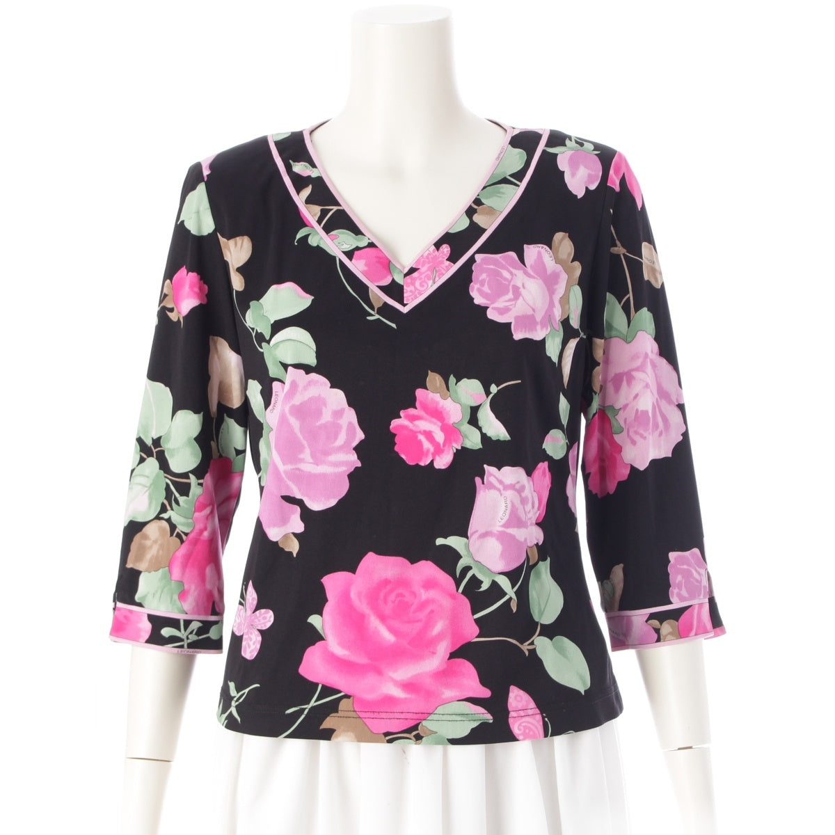 LEONARD Cancan material V-neck, 3/4 length, floral print tops 0159529 Black x pink L