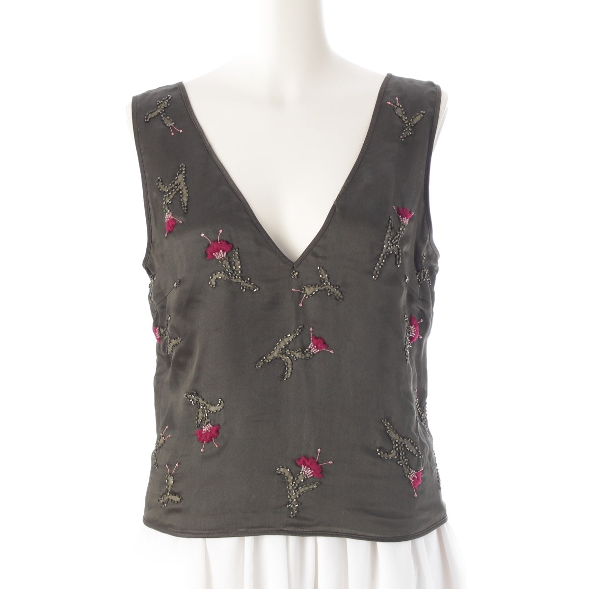 PRADA silk Beaded Embroidery V-neck Sleeveless blouse tops Khaki green 42