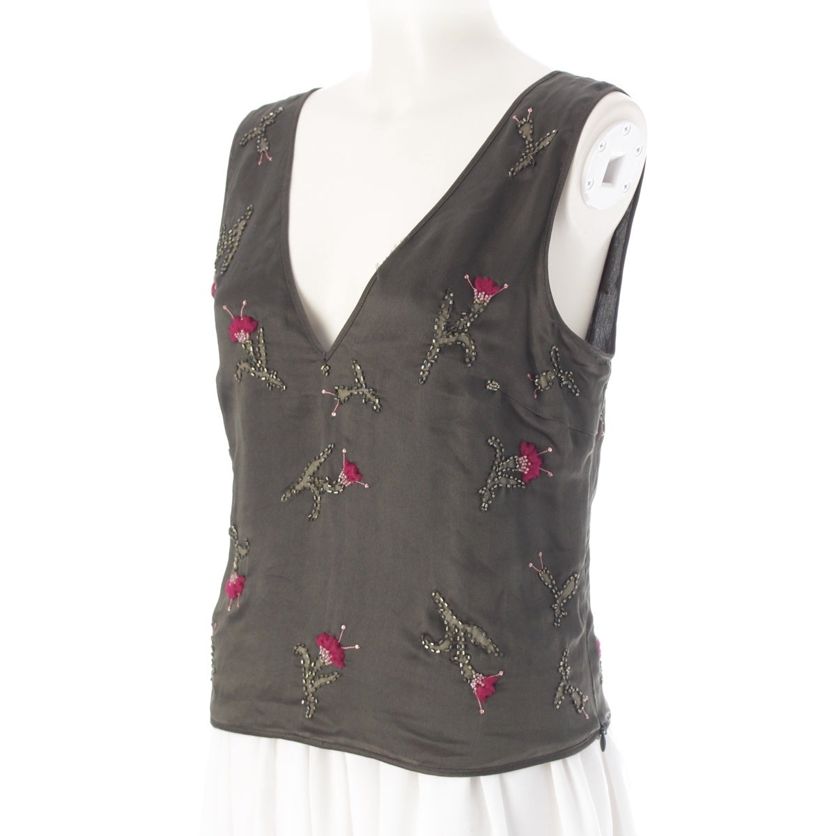 PRADA silk Beaded Embroidery V-neck Sleeveless blouse tops Khaki green 42