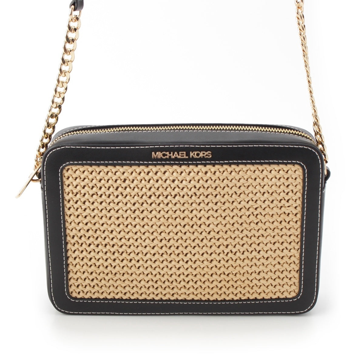 Michael Kors Leather raffia Chain Shoulder Bag Black natural