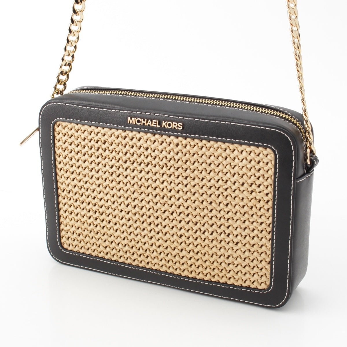 Michael Kors Leather raffia Chain Shoulder Bag Black natural