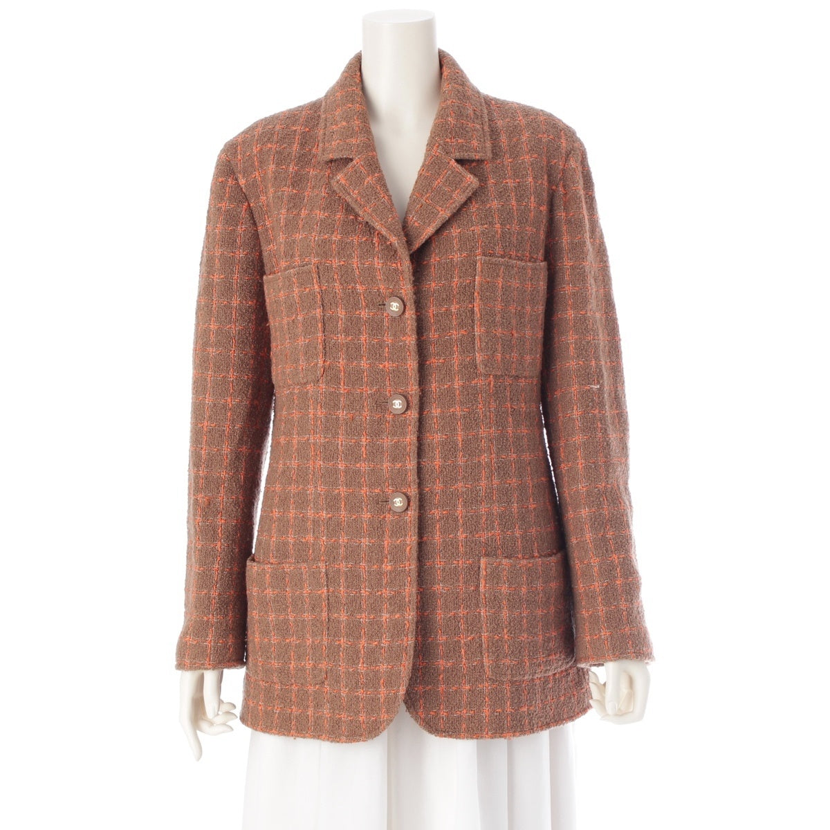 CHANEL COCO Button Tweed Check 3B tailored jacket P05948 Brown orange 38