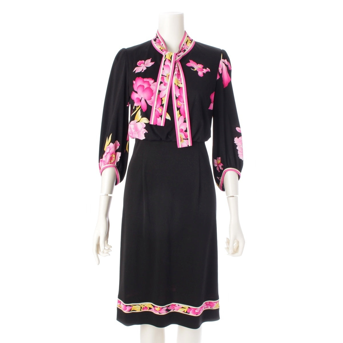 LEONARD cancan Ribbon tie, floral print, long sleeves one piece dress 0130210 black 36