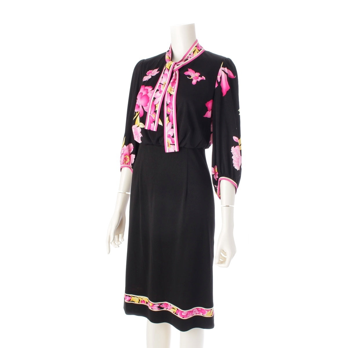 LEONARD cancan Ribbon tie, floral print, long sleeves one piece dress 0130210 black 36