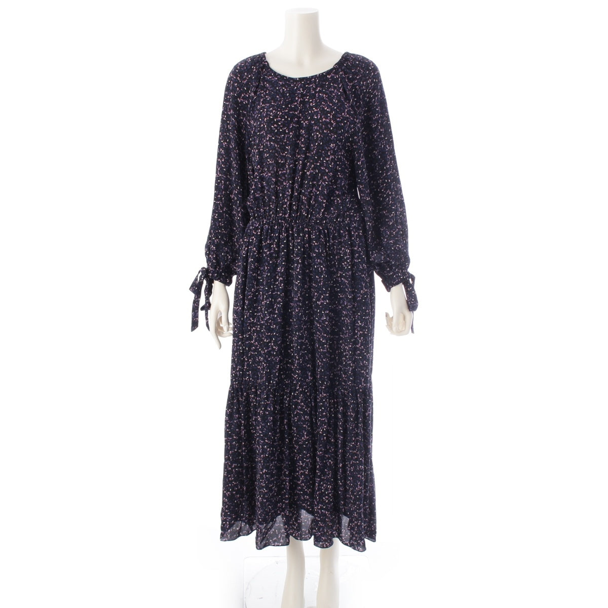 Drawer silk Floral pattern, all-over print, long sleeves, long one piece Ribbon sleeve 6526-299-1468 Black Navy Purple 38