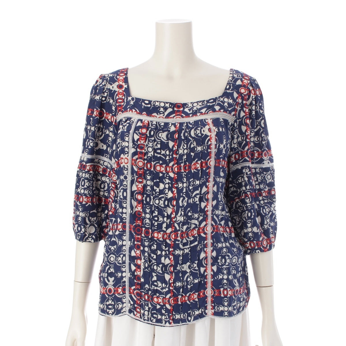 CHANEL silk COCO Mark Print blouse tops P31982 Blue red 38