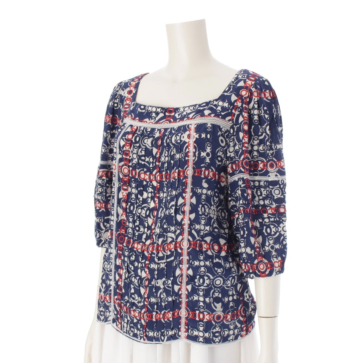CHANEL silk COCO Mark Print blouse tops P31982 Blue red 38