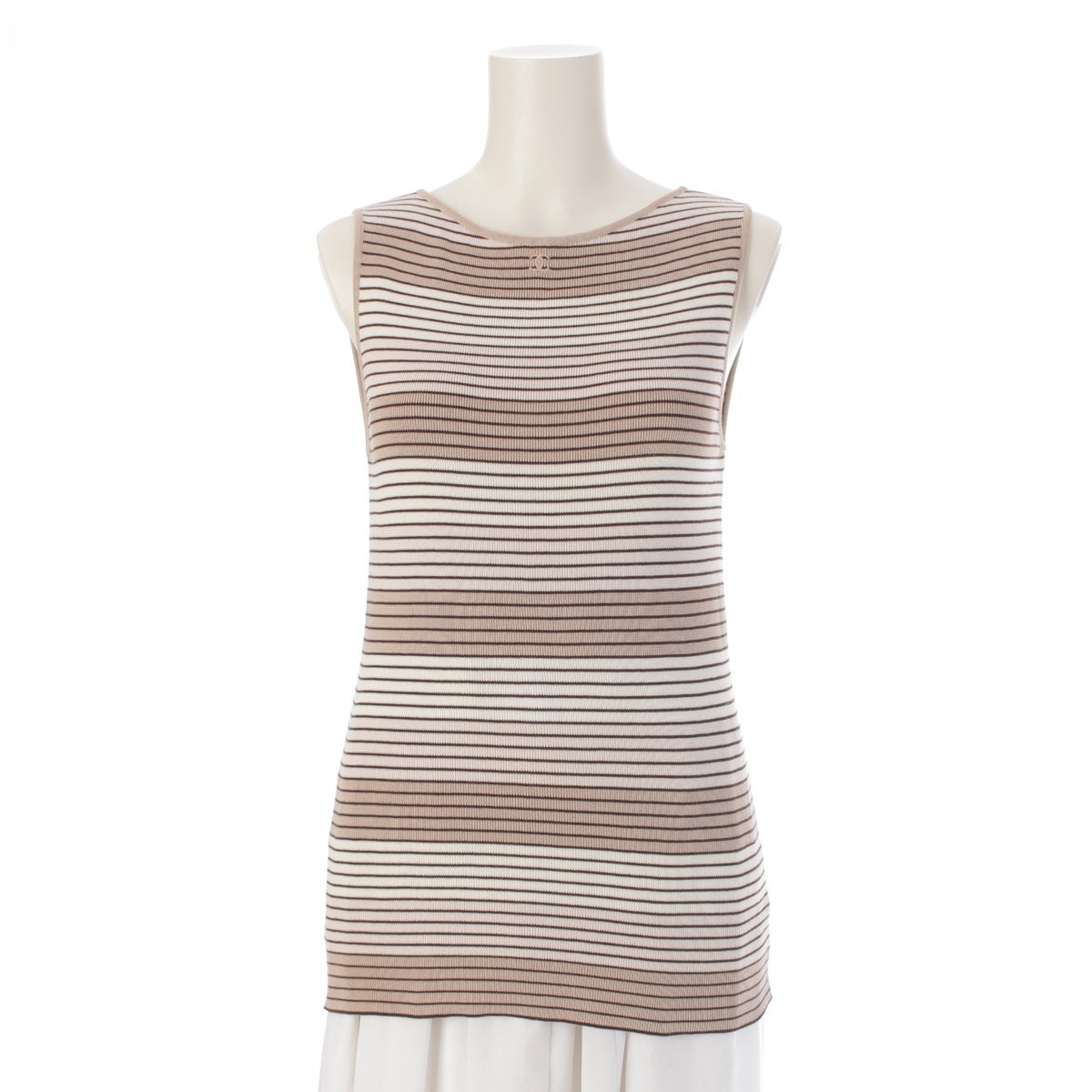 CHANEL cotton COCO Mark embroidered striped knit Tank top P10205 Beige x brown 40