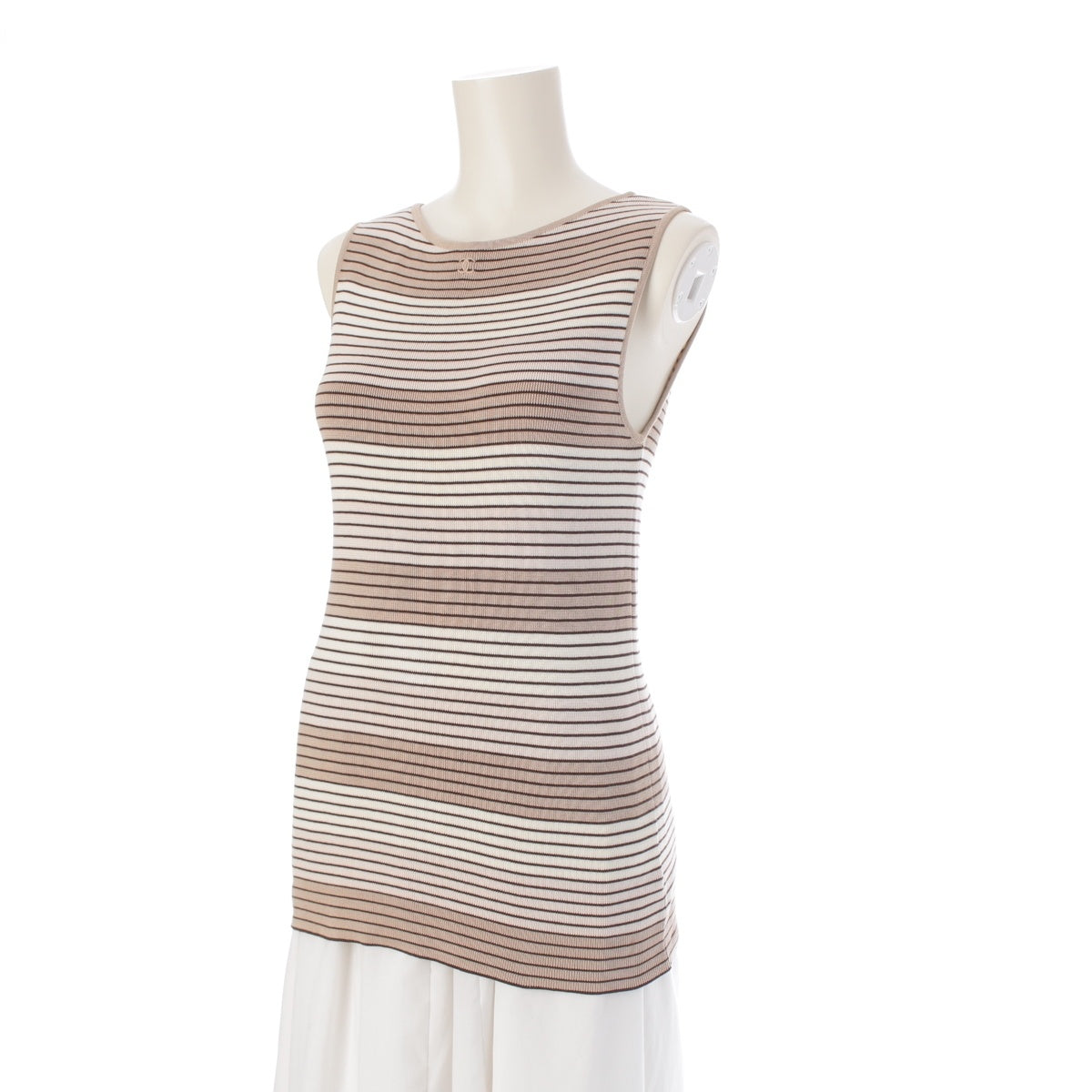CHANEL cotton COCO Mark embroidered striped knit Tank top P10205 Beige x brown 40
