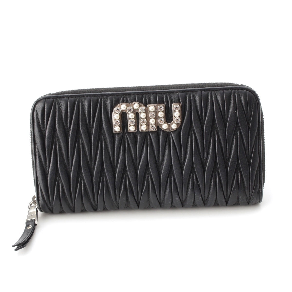 MIUMIU leather Matelasse Zip Around Rhinestone Pearl Purse black