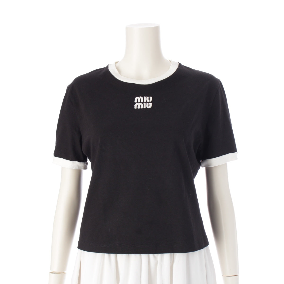 MIUMIU Cotton jersey Embroidered logo Short sleeve T-shirt tops MJN522 Black x white M