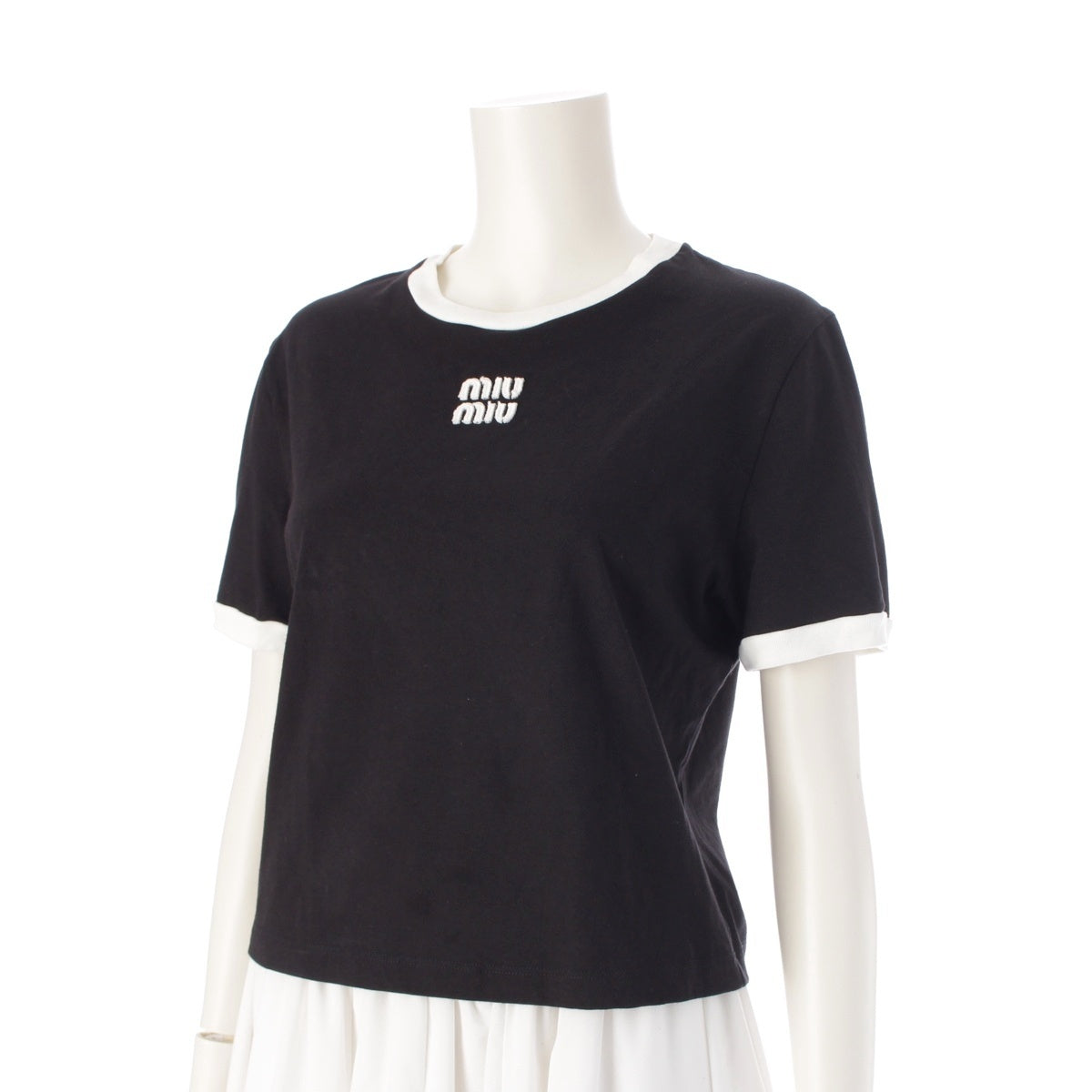MIUMIU Cotton jersey Embroidered logo Short sleeve T-shirt tops MJN522 Black x white M