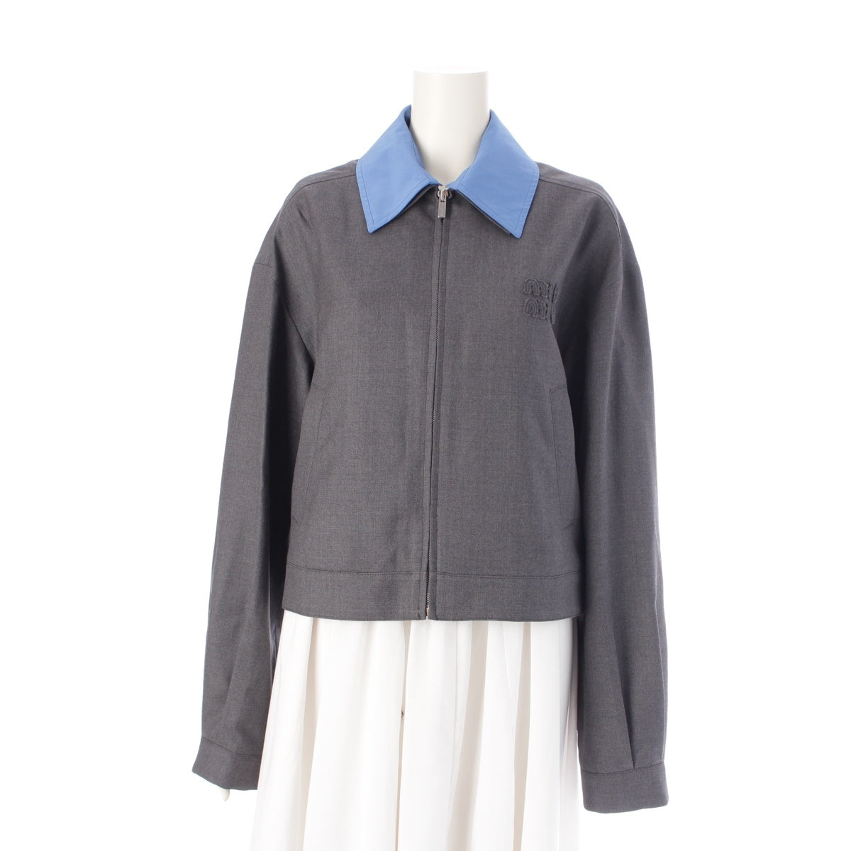 MIUMIU wool Poplin Collar Gabardine Blouson Jacket ML1052 Gray x blue 36