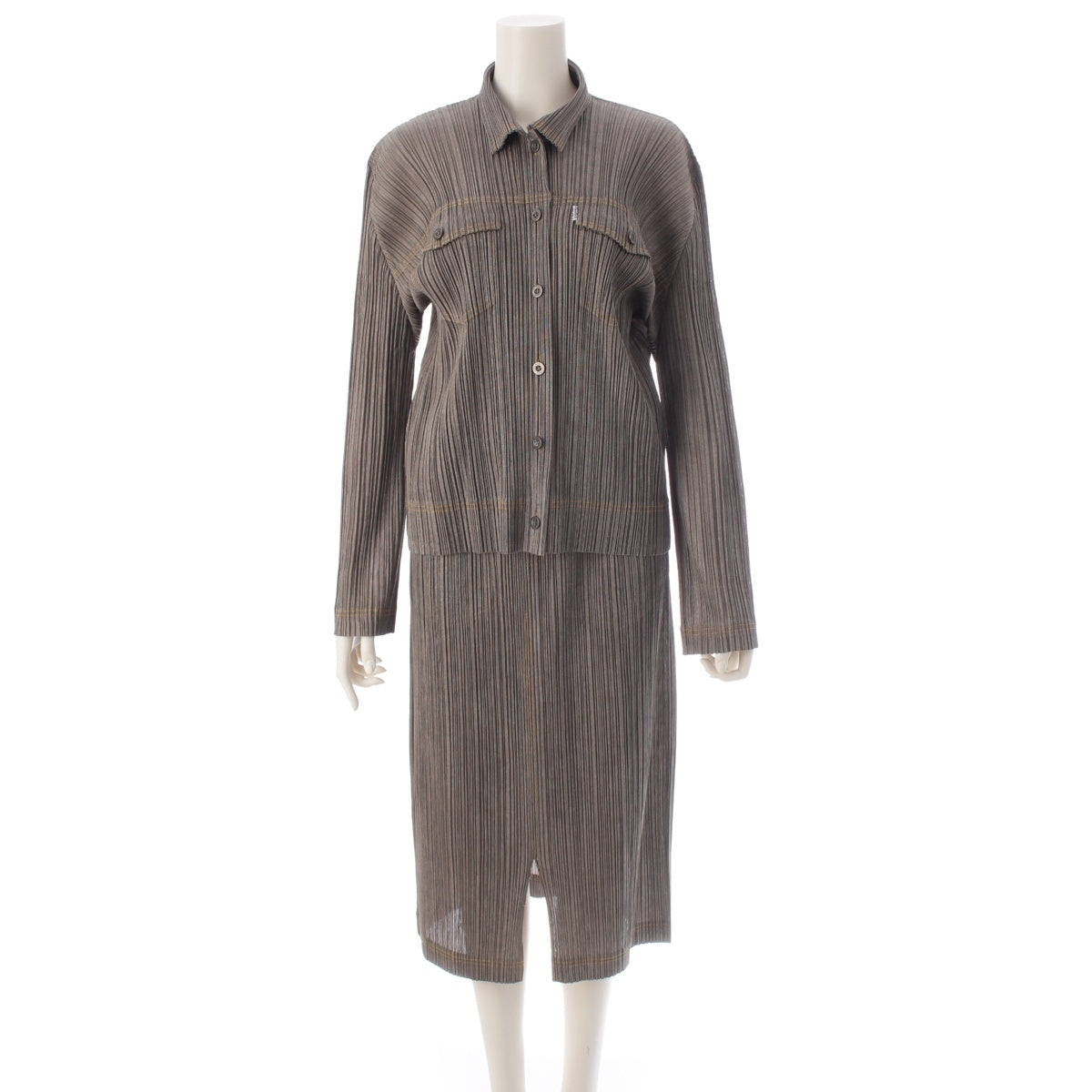 PLEATS PLEASE ISSEY  Denim transfer jacket Skirt setup PP73-JD408/PP73-JG406 gray khaki 4