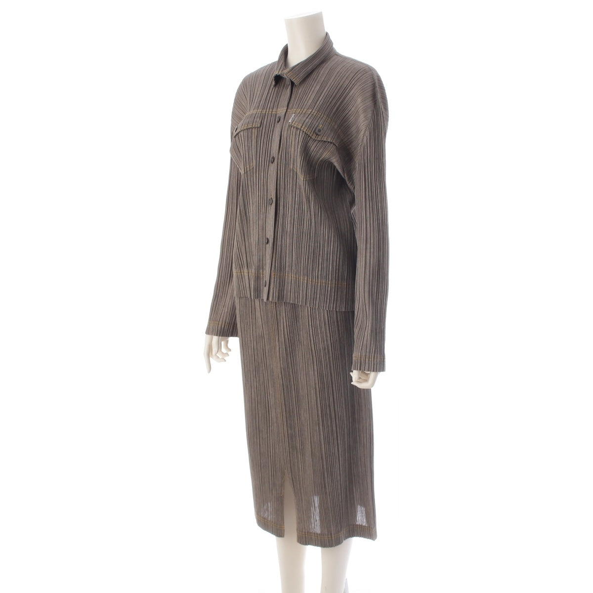 PLEATS PLEASE ISSEY  Denim transfer jacket Skirt setup PP73-JD408/PP73-JG406 gray khaki 4