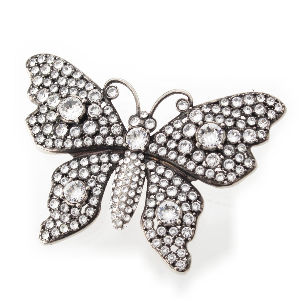 GUCCI Metal x rhinestone butterfly Brooch Accessories Silver