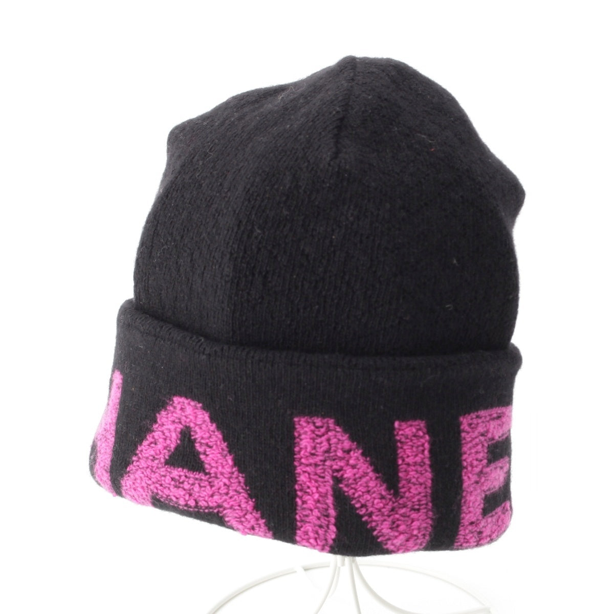 CHANEL cashmere blend logo Knit cap Beanie hat Black pink